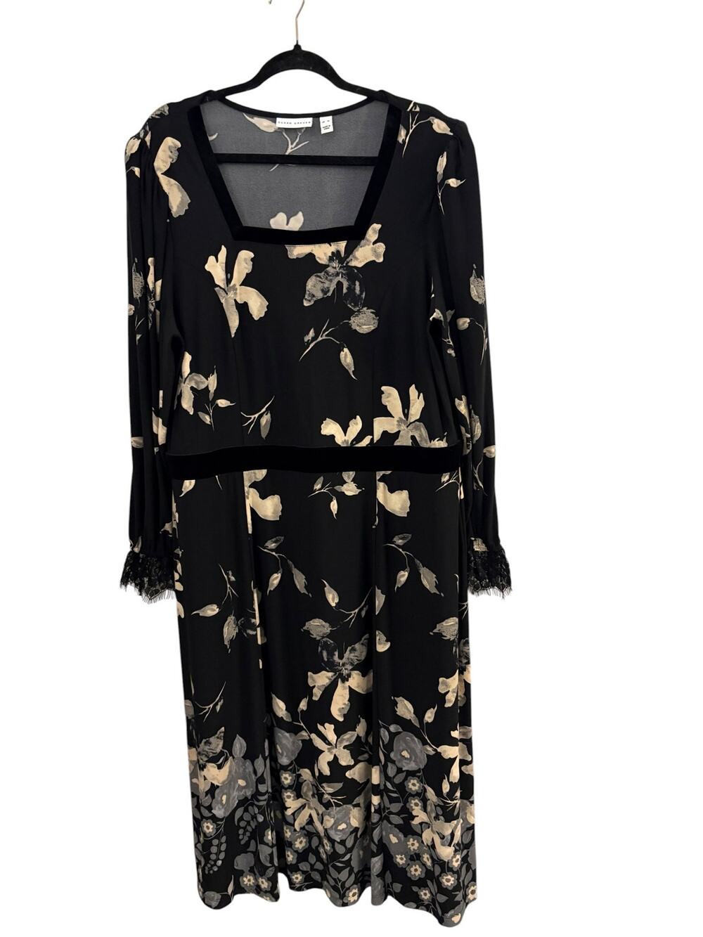 Susan Graver QVC Black Floral Square-neck Dress XL Flowy Midi Black Lace Detail